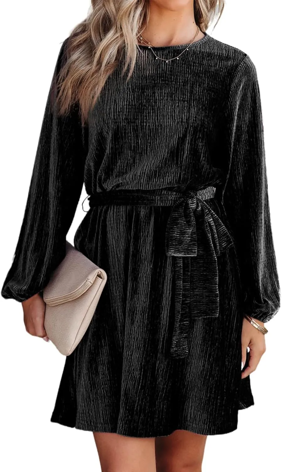 Happy Sailed Women's Velvet Cocktail Dress Spring Fashion Lantern Sleeve High Waist A-Line Skater Party Dresses with Belt