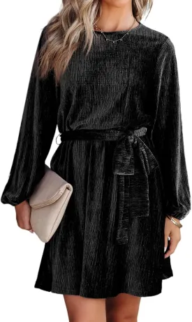 Happy Sailed Women's Velvet Cocktail Dress Spring Fashion Lantern Sleeve High Waist A-Line Skater Party Dresses with Belt