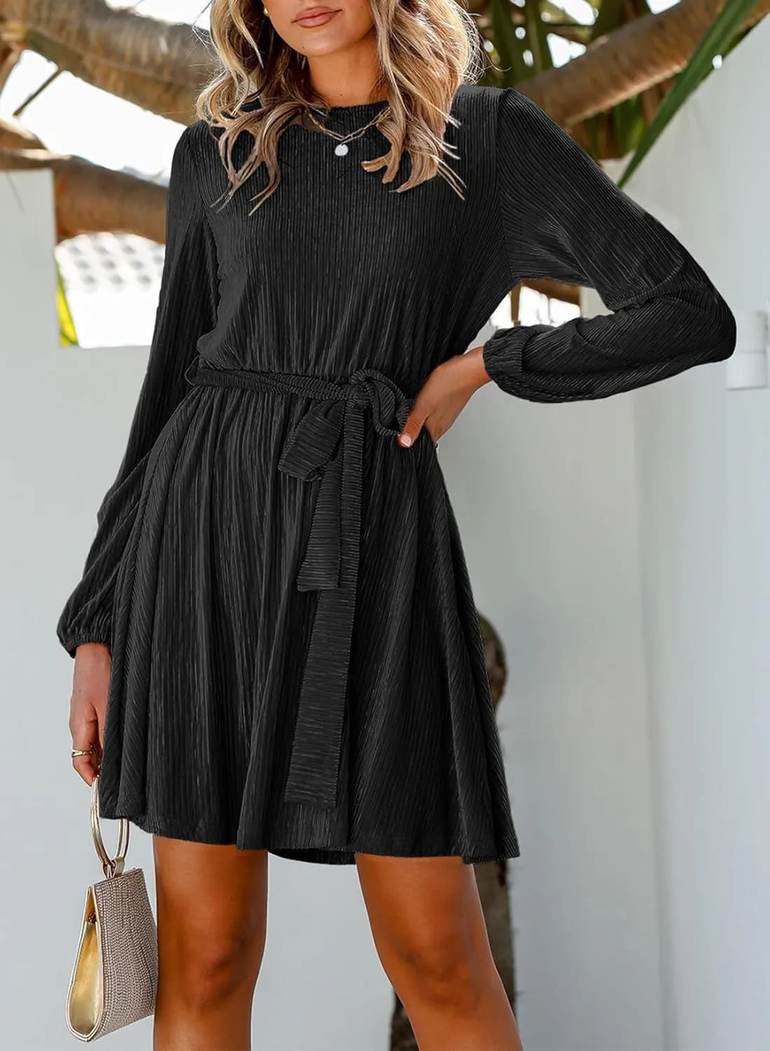 Happy Sailed Women's Velvet Cocktail Dress Spring Fashion Lantern Sleeve High Waist A-Line Skater Party Dresses with Belt