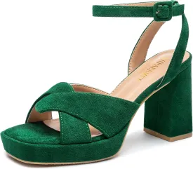KHPAERMEI Chunky Platform Heels for Women 3.54 Inches Heeled Sandals Comfy Suede Open Toe Ankle Strap Dress High Heels Prom Wedding