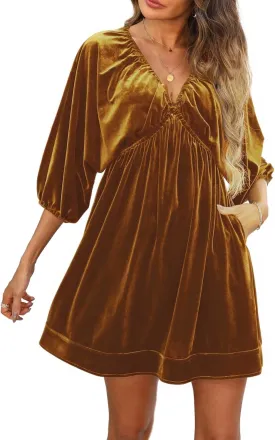 Ladyful Womens V Neck Velvet Dress 3/4 Sleeve Velour Mini Dress