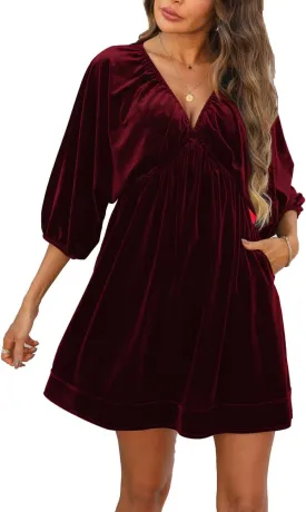 Ladyful Womens V Neck Velvet Dress 3/4 Sleeve Velour Mini Dress