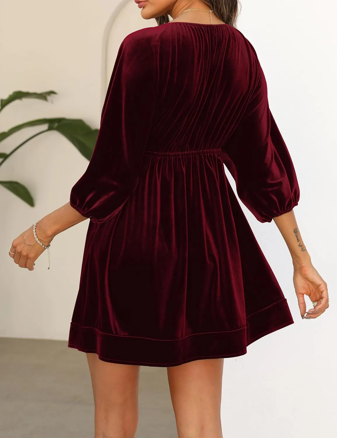 Ladyful Womens V Neck Velvet Dress 3/4 Sleeve Velour Mini Dress