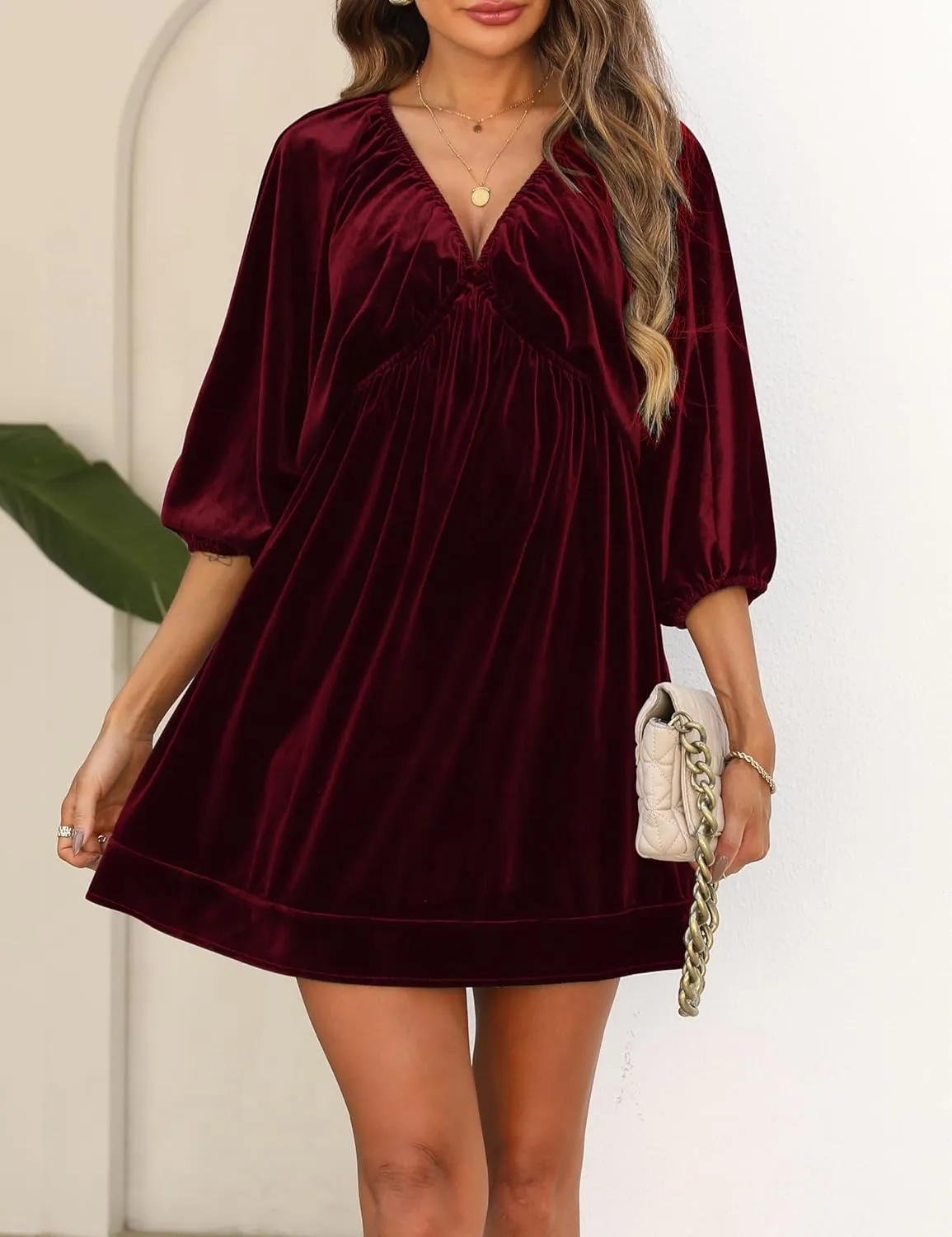 Ladyful Womens V Neck Velvet Dress 3/4 Sleeve Velour Mini Dress