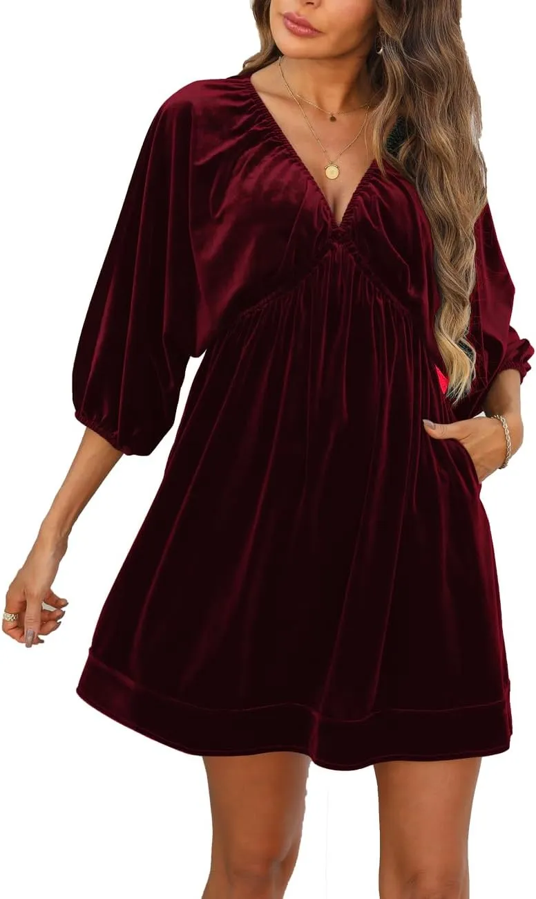 Ladyful Womens V Neck Velvet Dress 3/4 Sleeve Velour Mini Dress