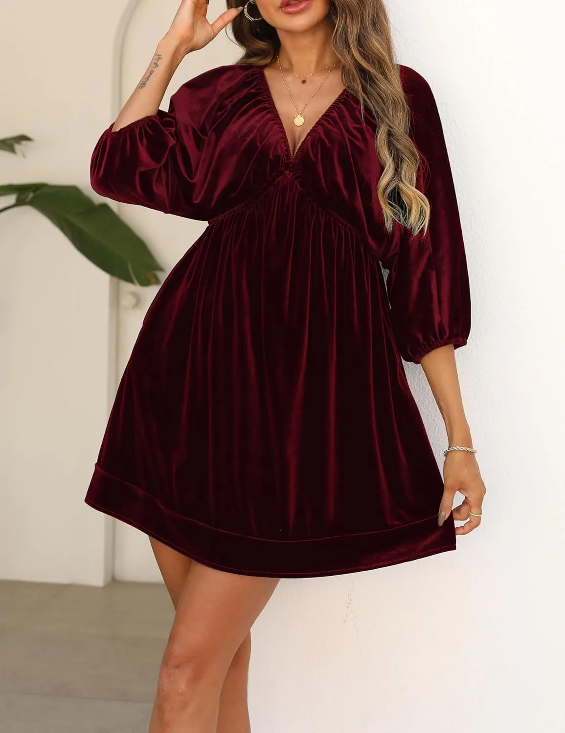 Ladyful Womens V Neck Velvet Dress 3/4 Sleeve Velour Mini Dress