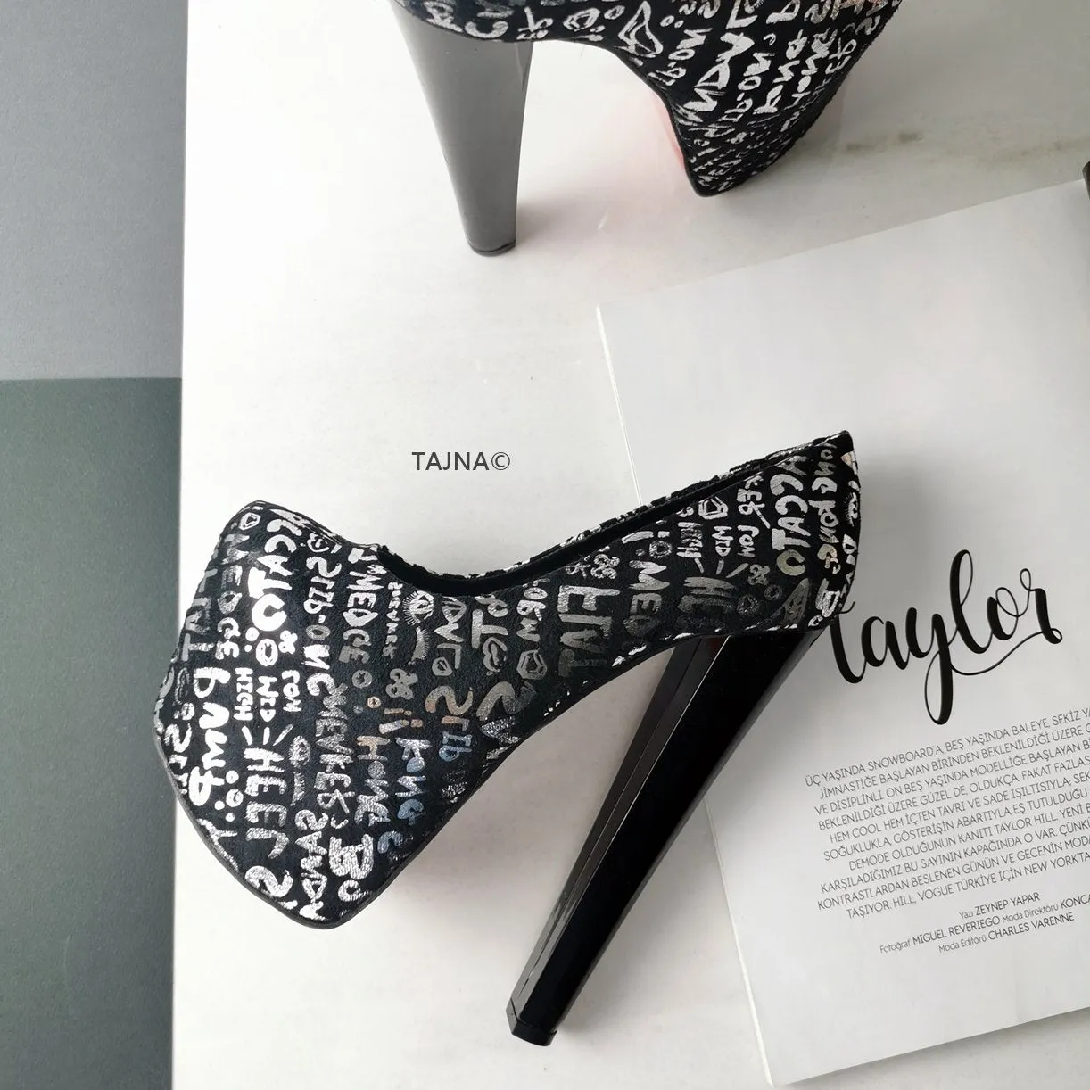 Letter Print Pumps Thick Heels