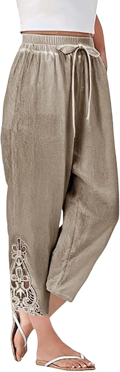 Linen Pants for Women Summer 2025 Trendy Beach Slacks Outfits Casual High Waist Pant Vintage Trousers with Pockets