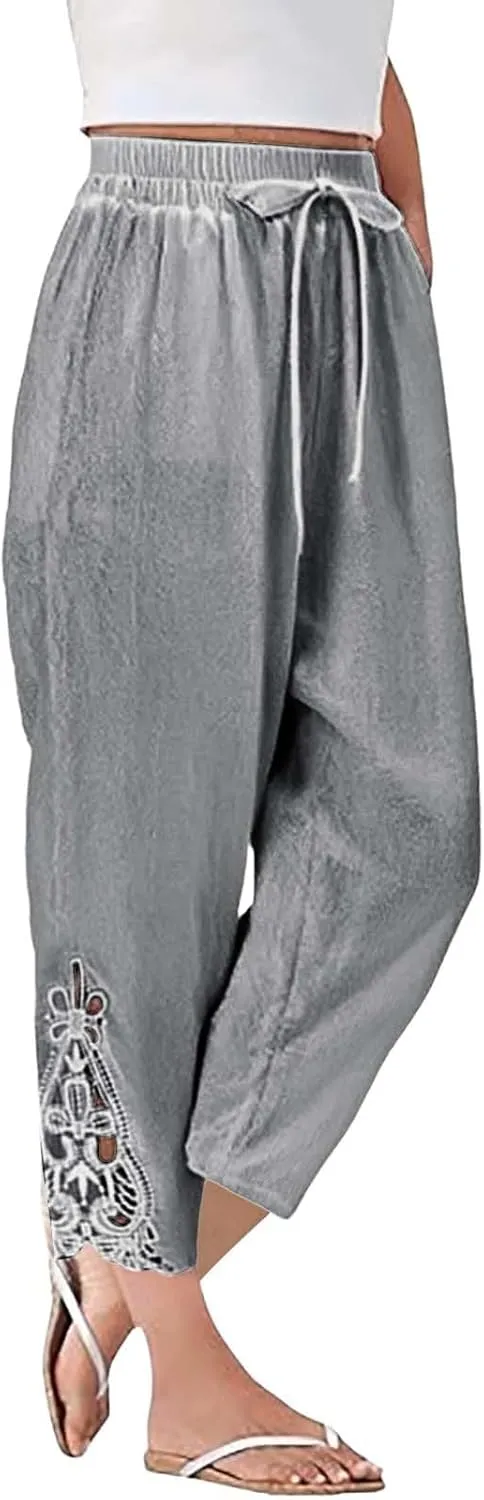 Linen Pants for Women Summer 2025 Trendy Beach Slacks Outfits Casual High Waist Pant Vintage Trousers with Pockets