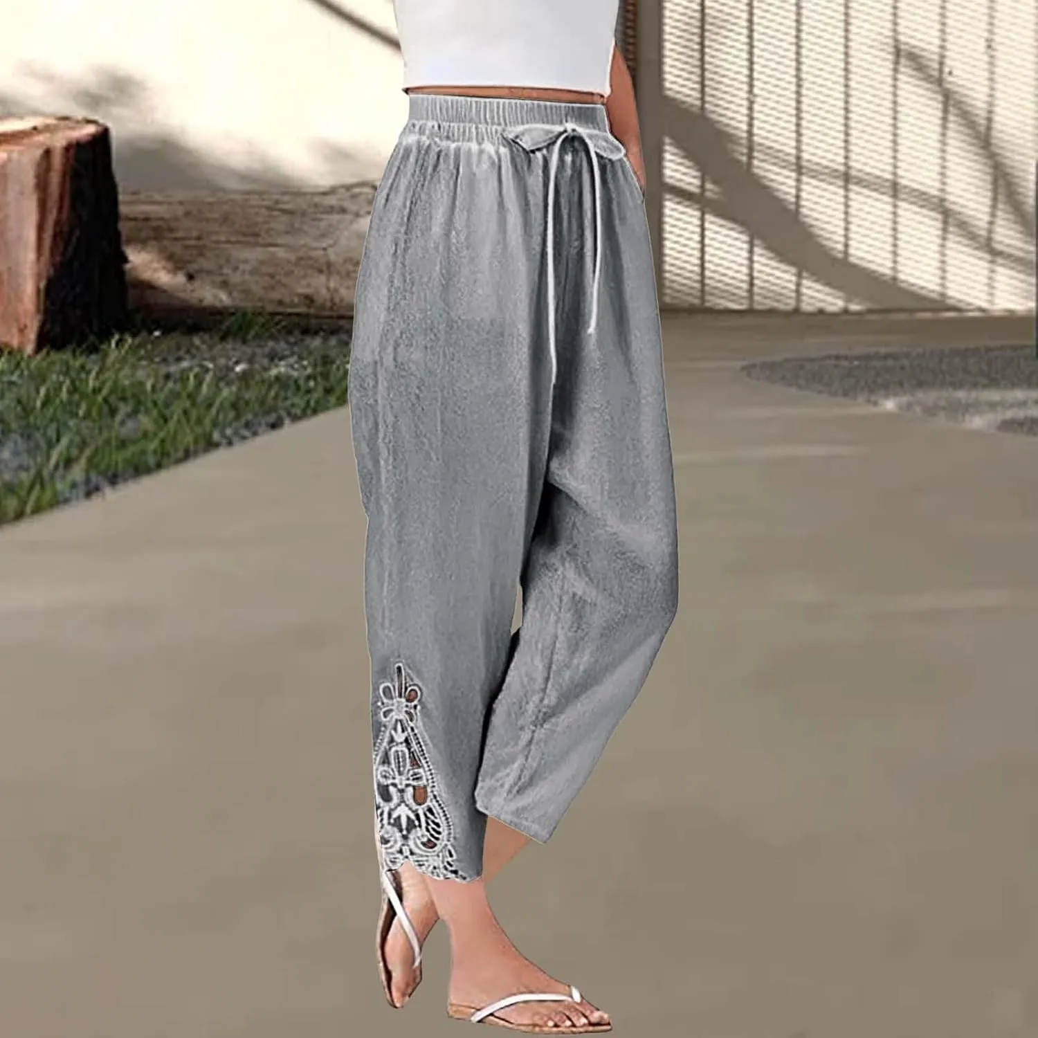 Linen Pants for Women Summer 2025 Trendy Beach Slacks Outfits Casual High Waist Pant Vintage Trousers with Pockets