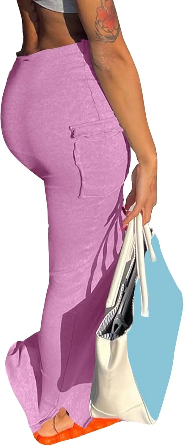 LYANER Women's High Waist Ruched Split Solid Pencil Long Maxi Skirt with Flap Pockets