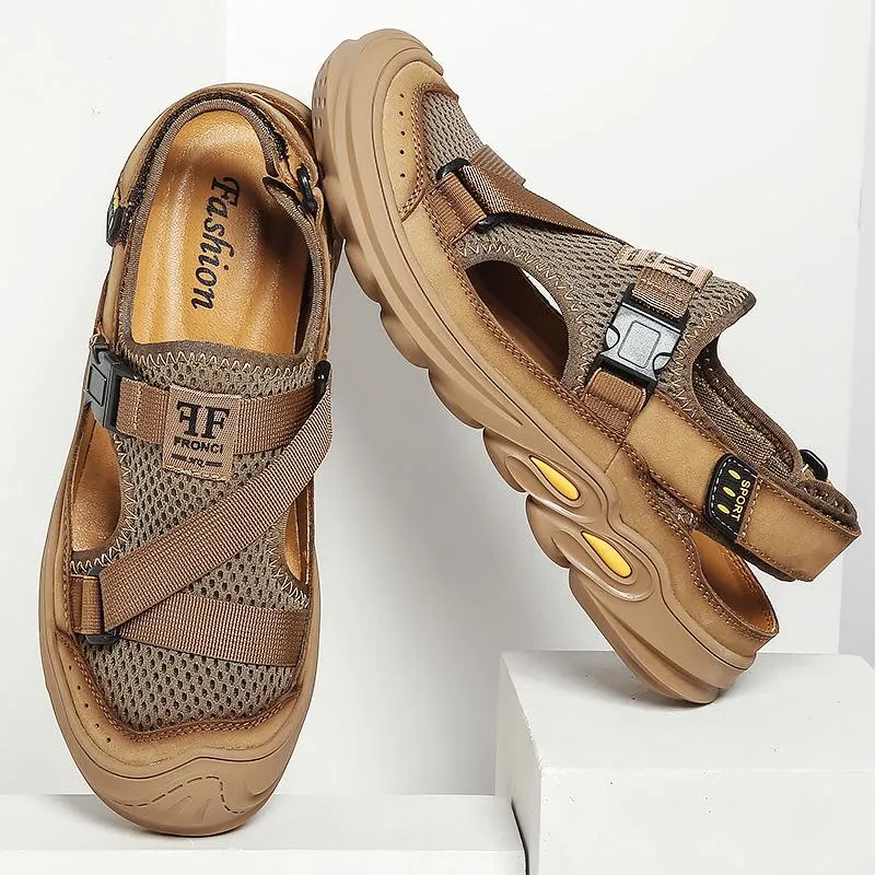 New Men'S Outdoor Leather Mesh Beach Sandals