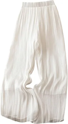 OYOANGLE Women's Elastic High Waist Wide Leg Pleated Flowy Pants Casual Loose Fit Summer Chiffon Trousers