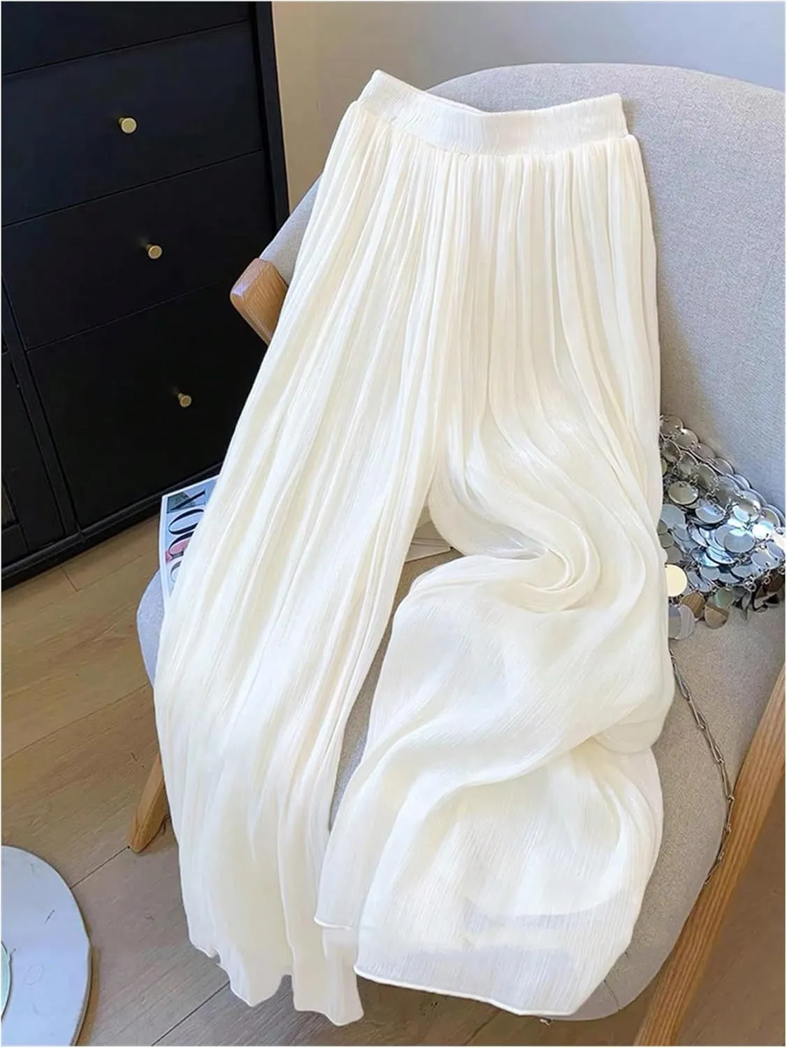 OYOANGLE Women's Elastic High Waist Wide Leg Pleated Flowy Pants Casual Loose Fit Summer Chiffon Trousers