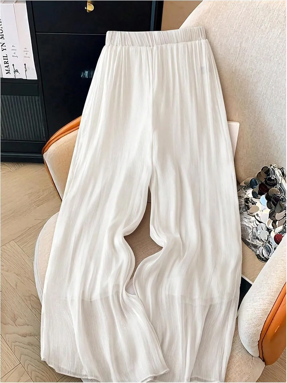 OYOANGLE Women's Elastic High Waist Wide Leg Pleated Flowy Pants Casual Loose Fit Summer Chiffon Trousers