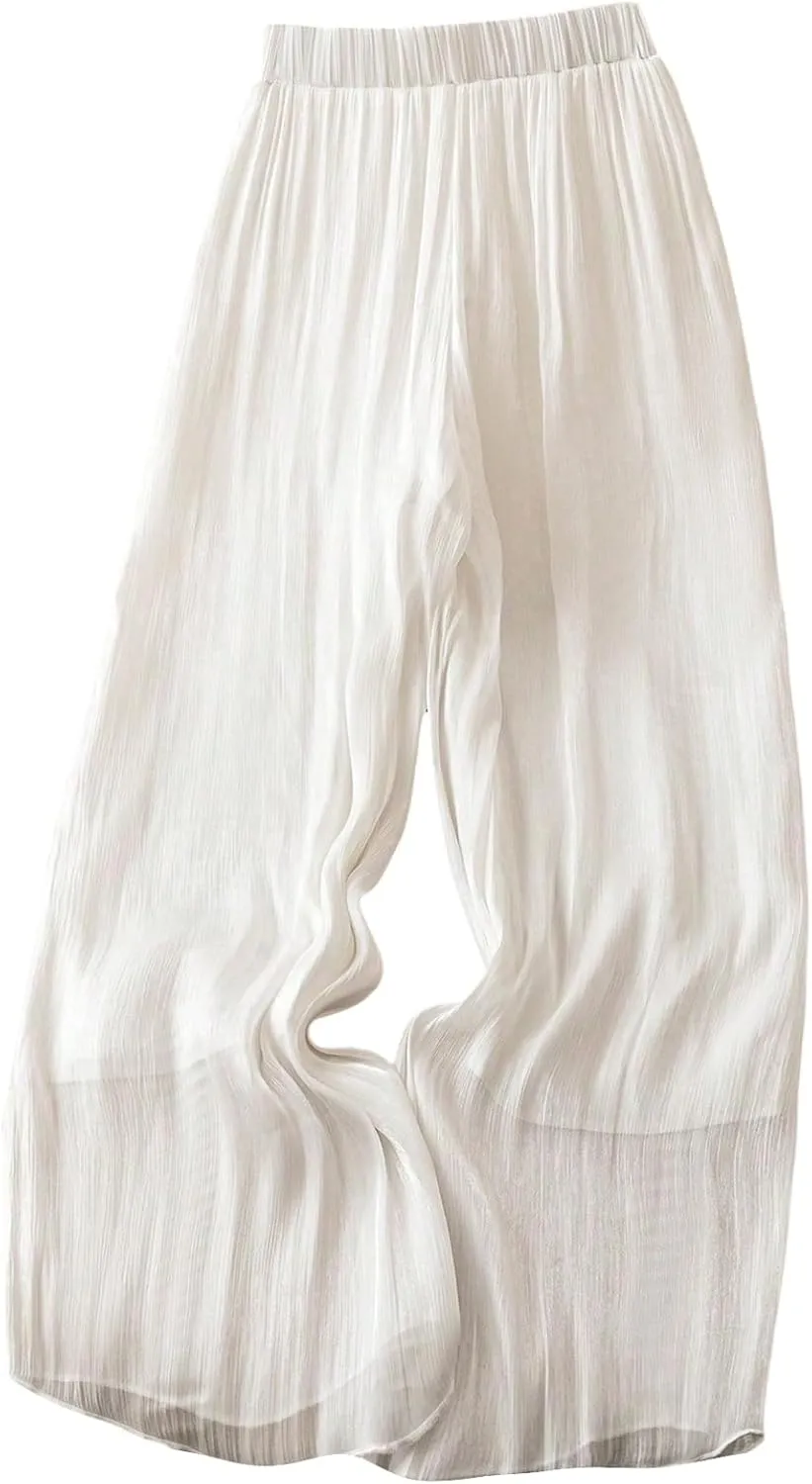 OYOANGLE Women's Elastic High Waist Wide Leg Pleated Flowy Pants Casual Loose Fit Summer Chiffon Trousers