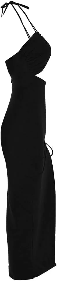 Sexy Cutout Bodycon Dress Halter High Slit Drawstring Midi Long Club Women Dress