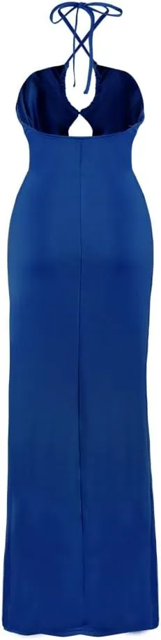 Sexy Cutout Bodycon Dress Halter High Slit Drawstring Midi Long Club Women Dress
