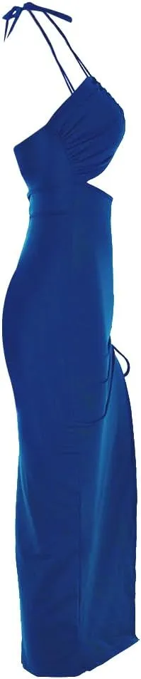 Sexy Cutout Bodycon Dress Halter High Slit Drawstring Midi Long Club Women Dress