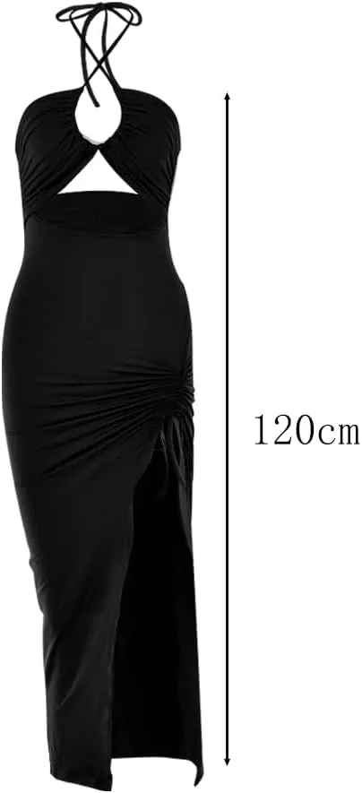 Sexy Cutout Bodycon Dress Halter High Slit Drawstring Midi Long Club Women Dress