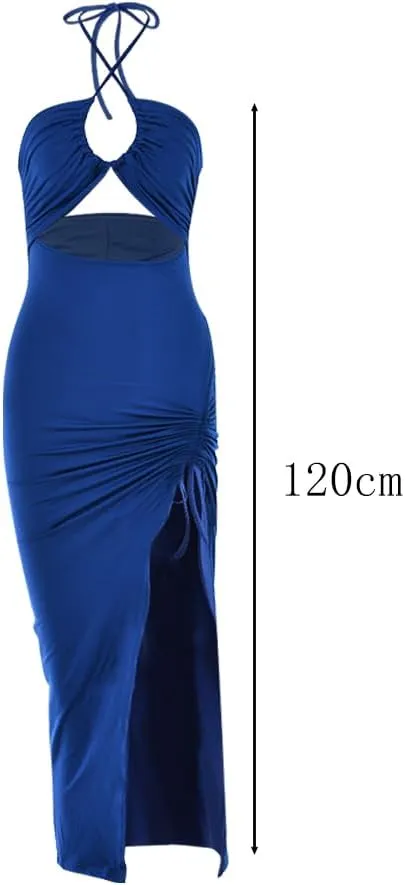 Sexy Cutout Bodycon Dress Halter High Slit Drawstring Midi Long Club Women Dress
