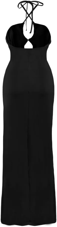 Sexy Cutout Bodycon Dress Halter High Slit Drawstring Midi Long Club Women Dress