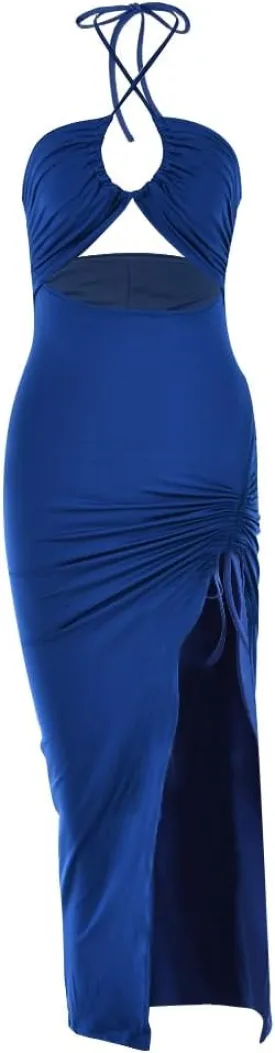 Sexy Cutout Bodycon Dress Halter High Slit Drawstring Midi Long Club Women Dress