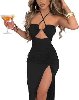 Sexy Cutout Bodycon Dress Halter High Slit Drawstring Midi Long Club Women Dress