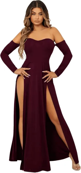 SweatyRocks Women's Elegant Off Shoulder Double High Slit Long Sleeve Dress A Line Maxi Dresses