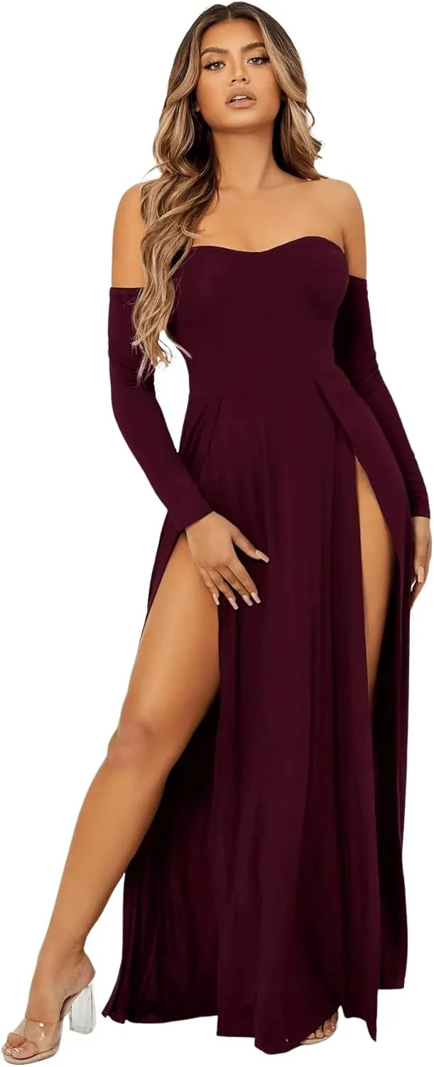 SweatyRocks Women's Elegant Off Shoulder Double High Slit Long Sleeve Dress A Line Maxi Dresses