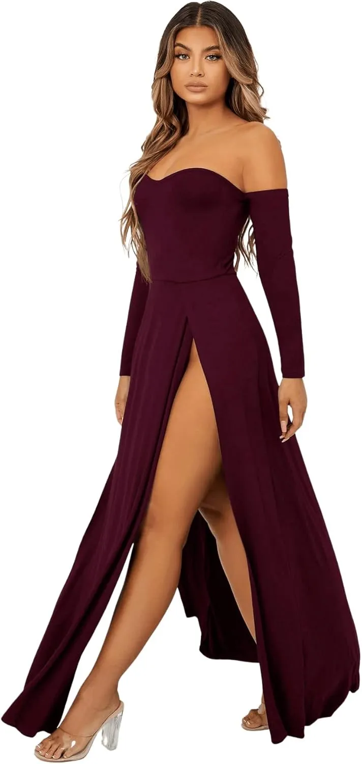 SweatyRocks Women's Elegant Off Shoulder Double High Slit Long Sleeve Dress A Line Maxi Dresses