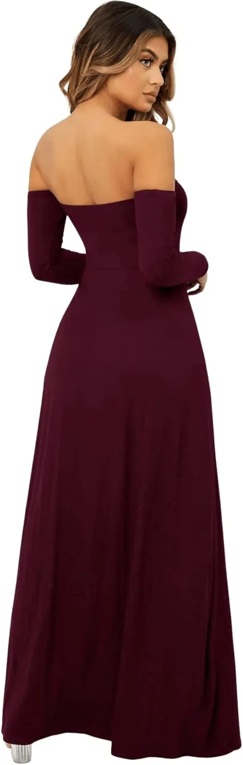 SweatyRocks Women's Elegant Off Shoulder Double High Slit Long Sleeve Dress A Line Maxi Dresses