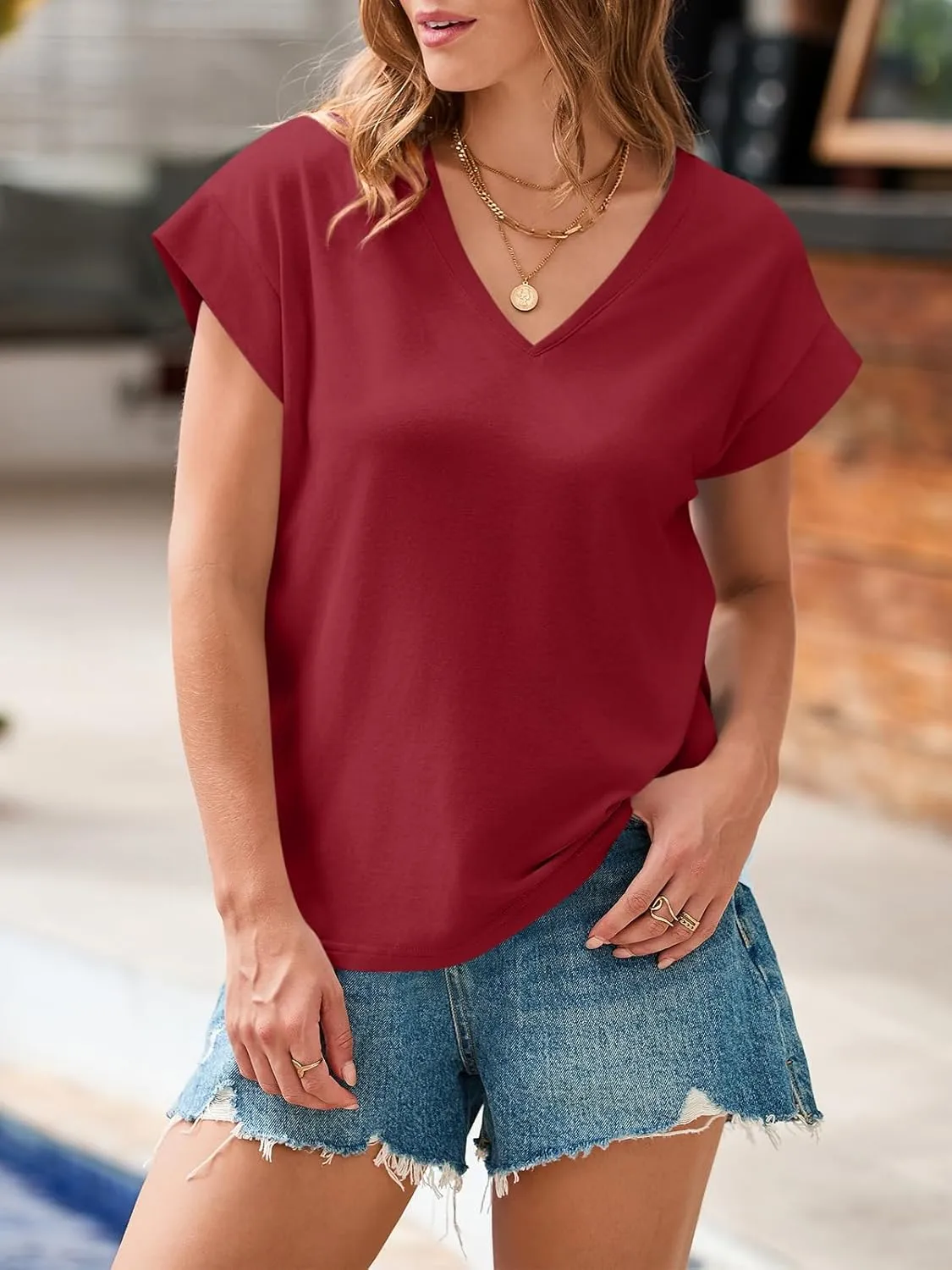 Tankaneo Womens Deep V Neck T-Shirts Summer Casual Cap Sleeve Tank Tops Loose Fit Tees