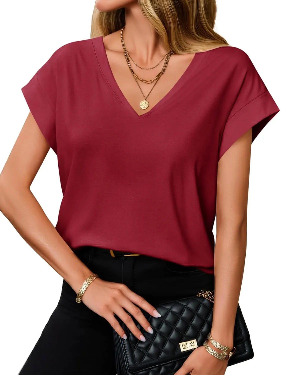 Tankaneo Womens Deep V Neck T-Shirts Summer Casual Cap Sleeve Tank Tops Loose Fit Tees