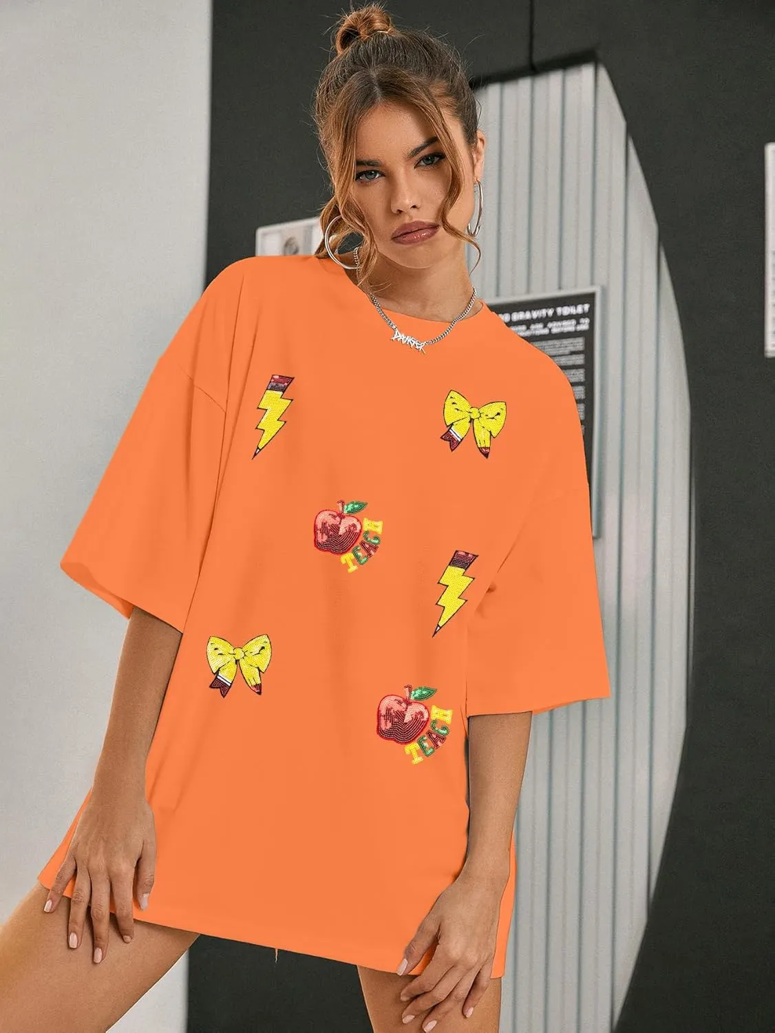 Teacher Shirts Women Oversized Sequin Teach Life T-Shirt Summer Last Day of School Tee Tops