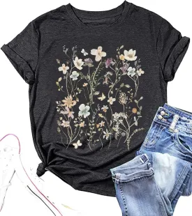 Wildflower Shirt Women Floral Boho Daisy Nature Butterfly Printed Graphic Tees Tops Garden Botanical Flowers Lover T Shirts
