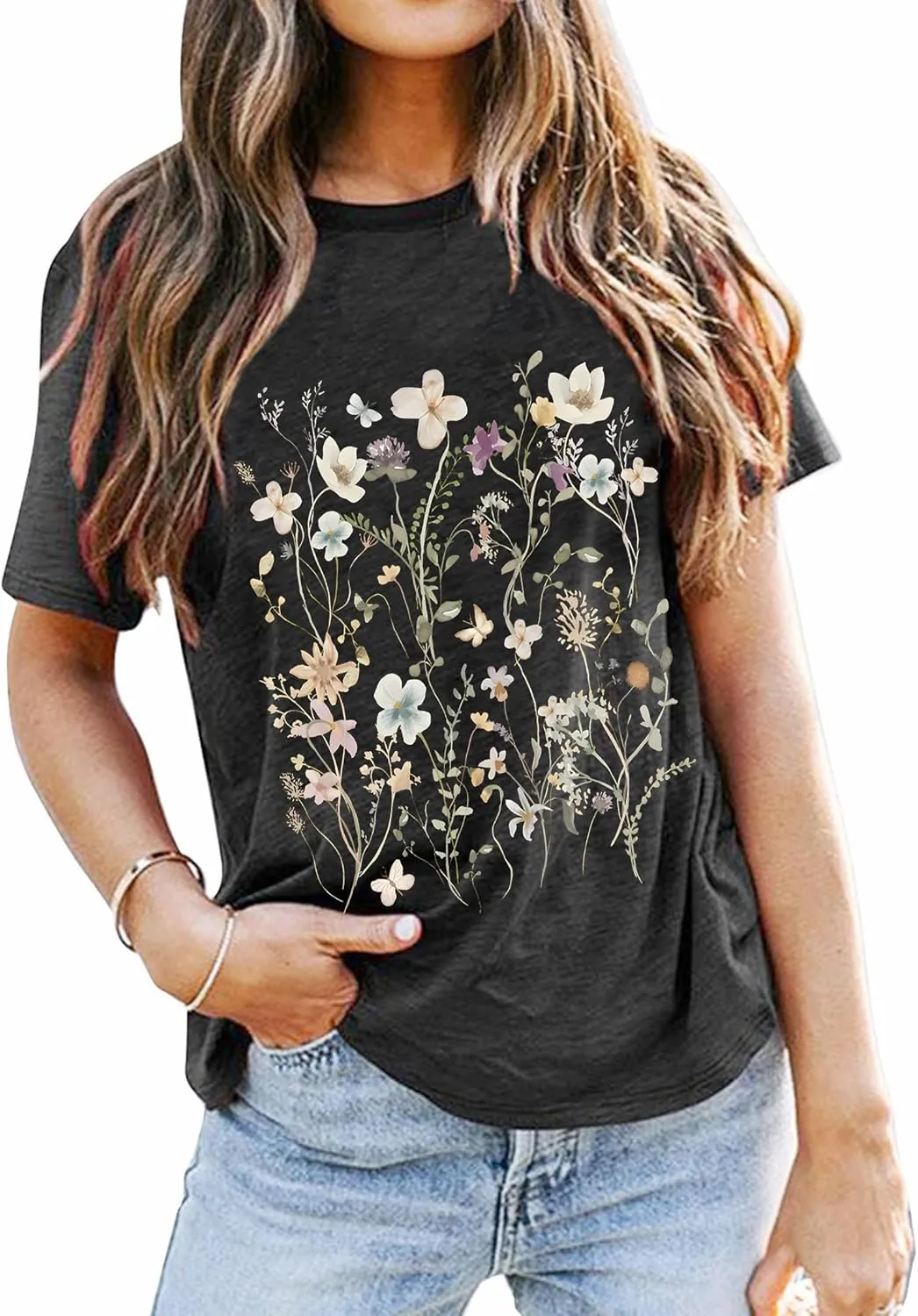 Wildflower Shirt Women Floral Boho Daisy Nature Butterfly Printed Graphic Tees Tops Garden Botanical Flowers Lover T Shirts