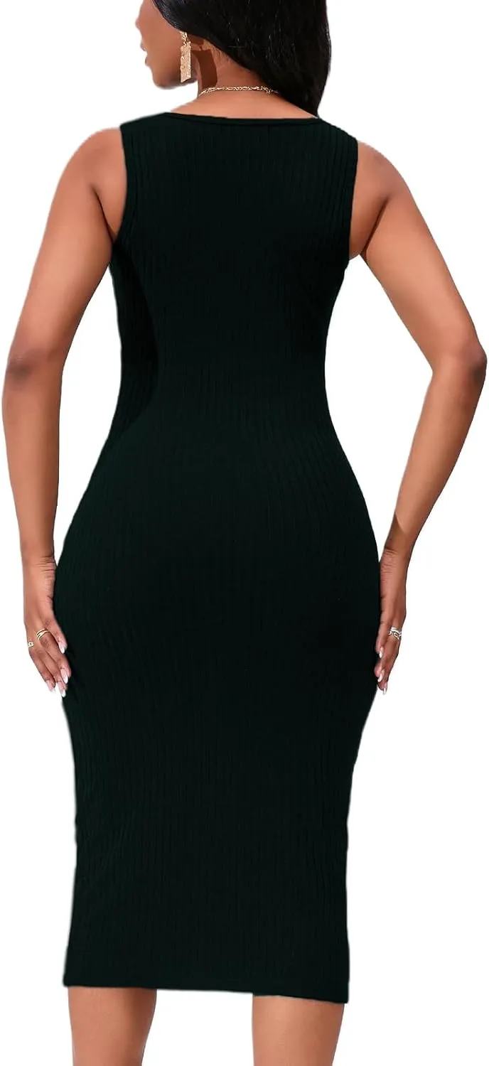 Women's Casual Summer Sleeveless Tank Bodycon Long Dress Square Neck Split Beach Party Vacation Maxi Dress