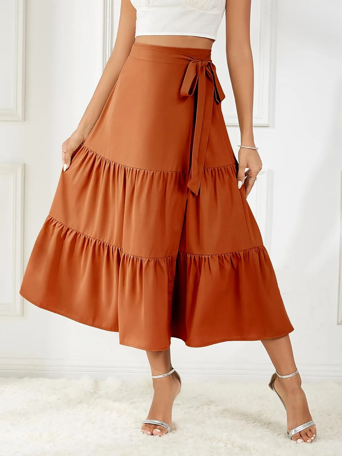 Women's Satin Wrap Skirt Adjustable Tie Ruffle Hem Flowy High Low Trendy Midi Skirt
