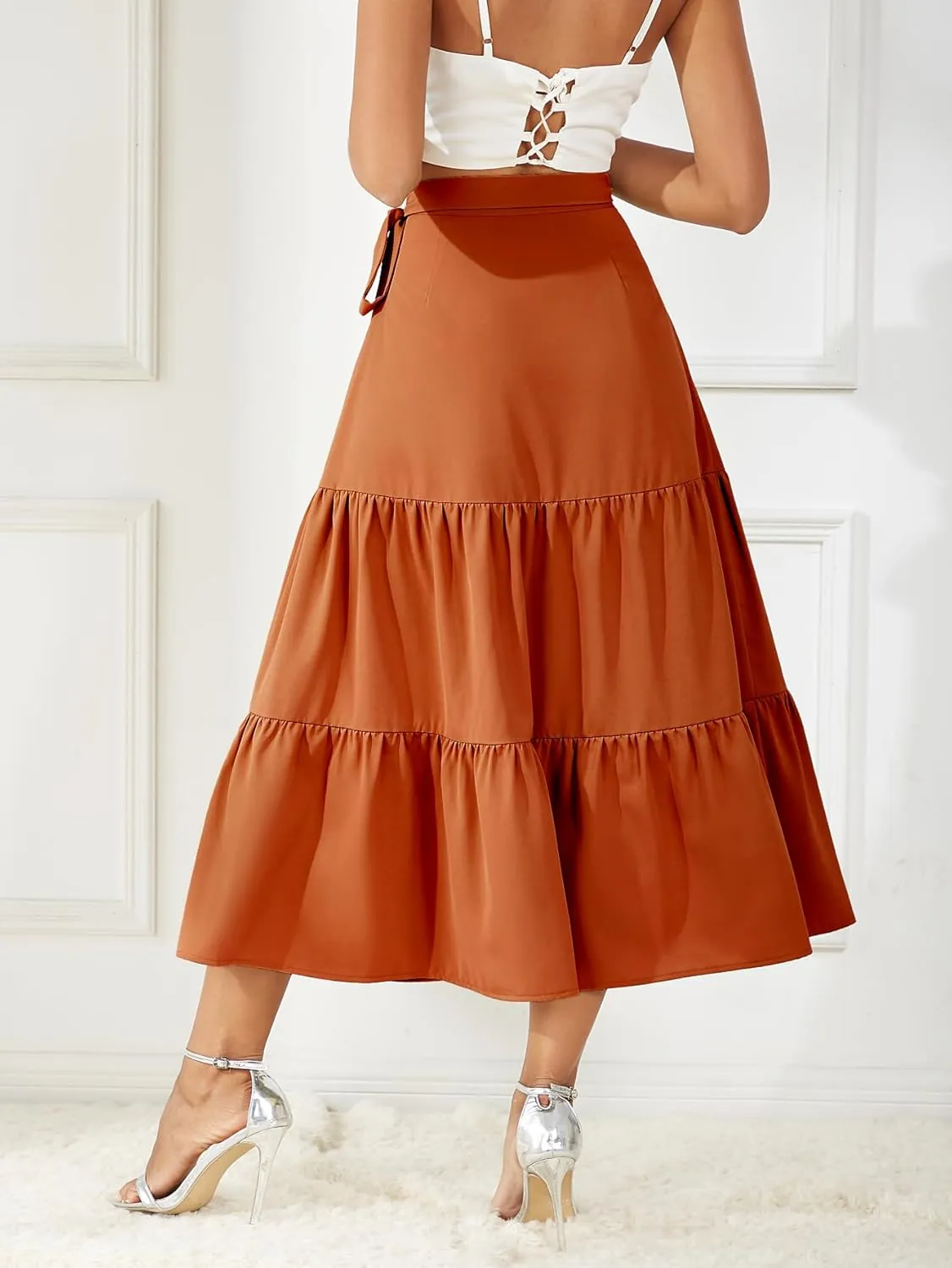 Women's Satin Wrap Skirt Adjustable Tie Ruffle Hem Flowy High Low Trendy Midi Skirt