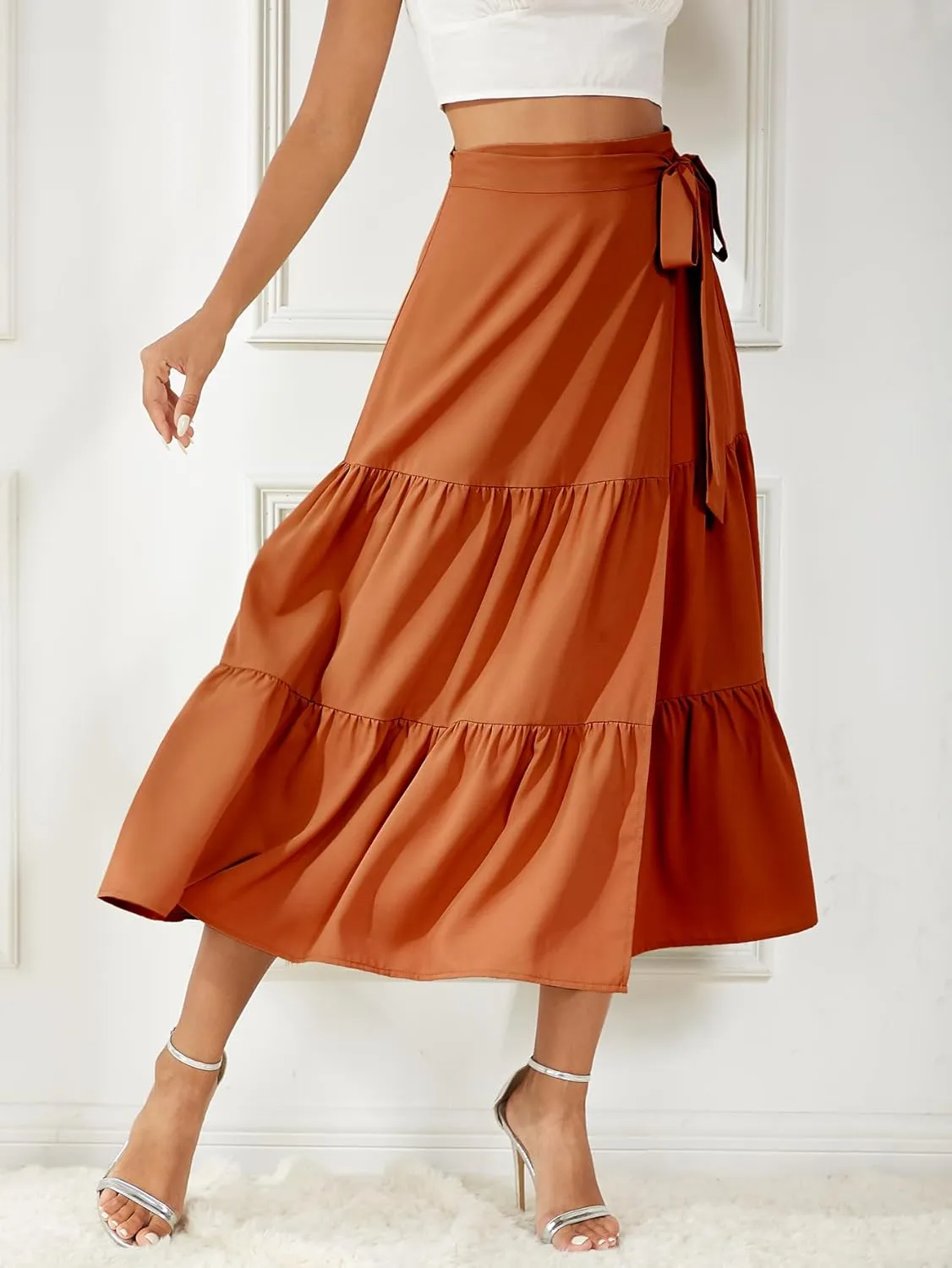 Women's Satin Wrap Skirt Adjustable Tie Ruffle Hem Flowy High Low Trendy Midi Skirt