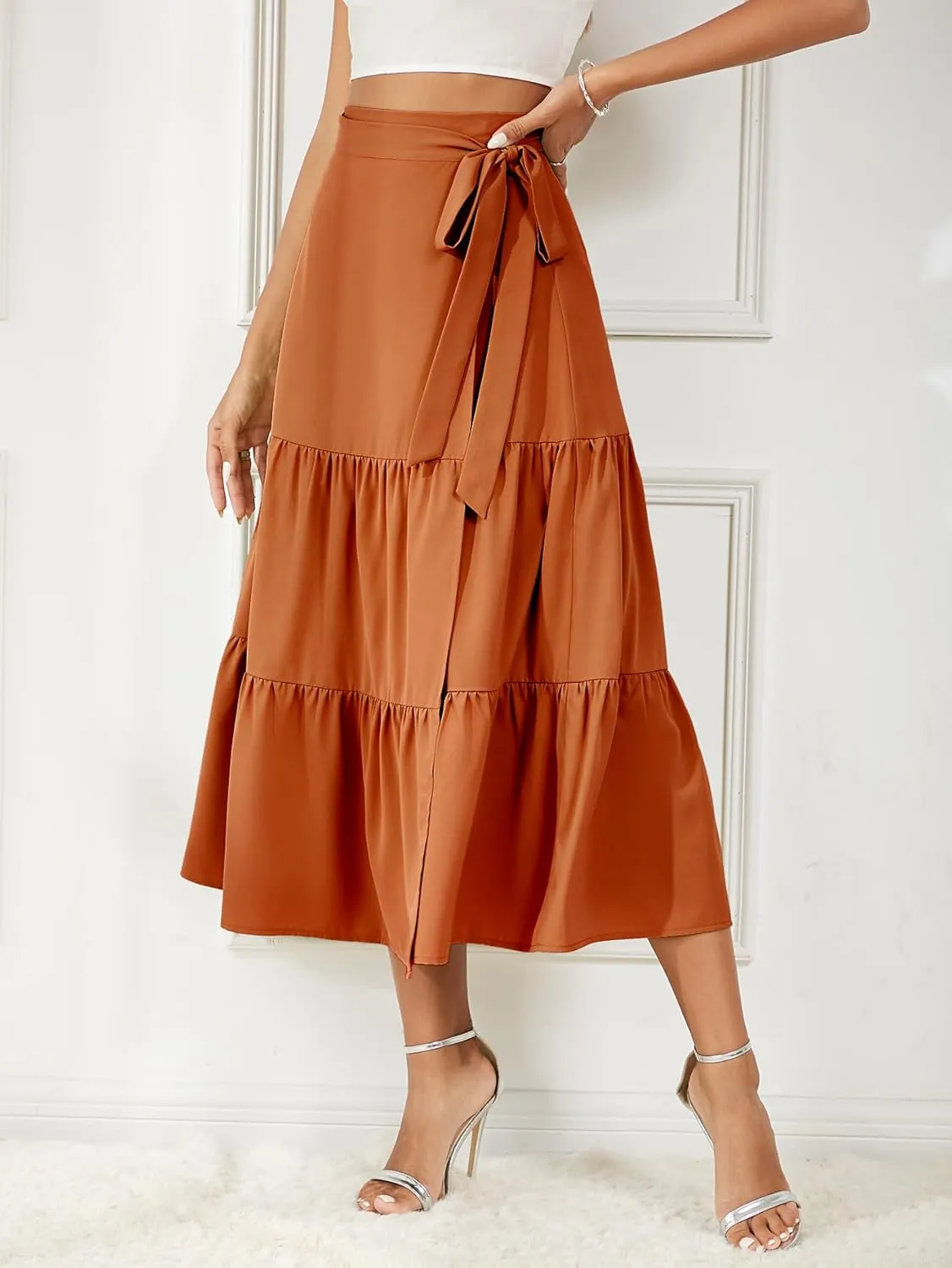 Women's Satin Wrap Skirt Adjustable Tie Ruffle Hem Flowy High Low Trendy Midi Skirt