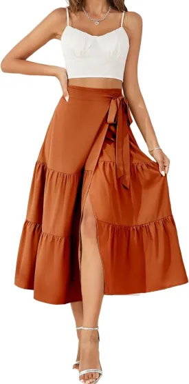 Women's Satin Wrap Skirt Adjustable Tie Ruffle Hem Flowy High Low Trendy Midi Skirt