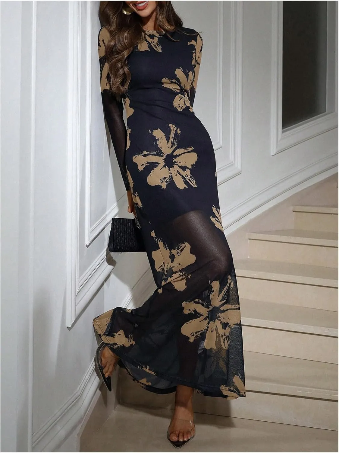 Women's Sexy Floral Dress Elegant Sheer Mesh Long Sleeve Crew Neck Maxi Bodycon Dresses
