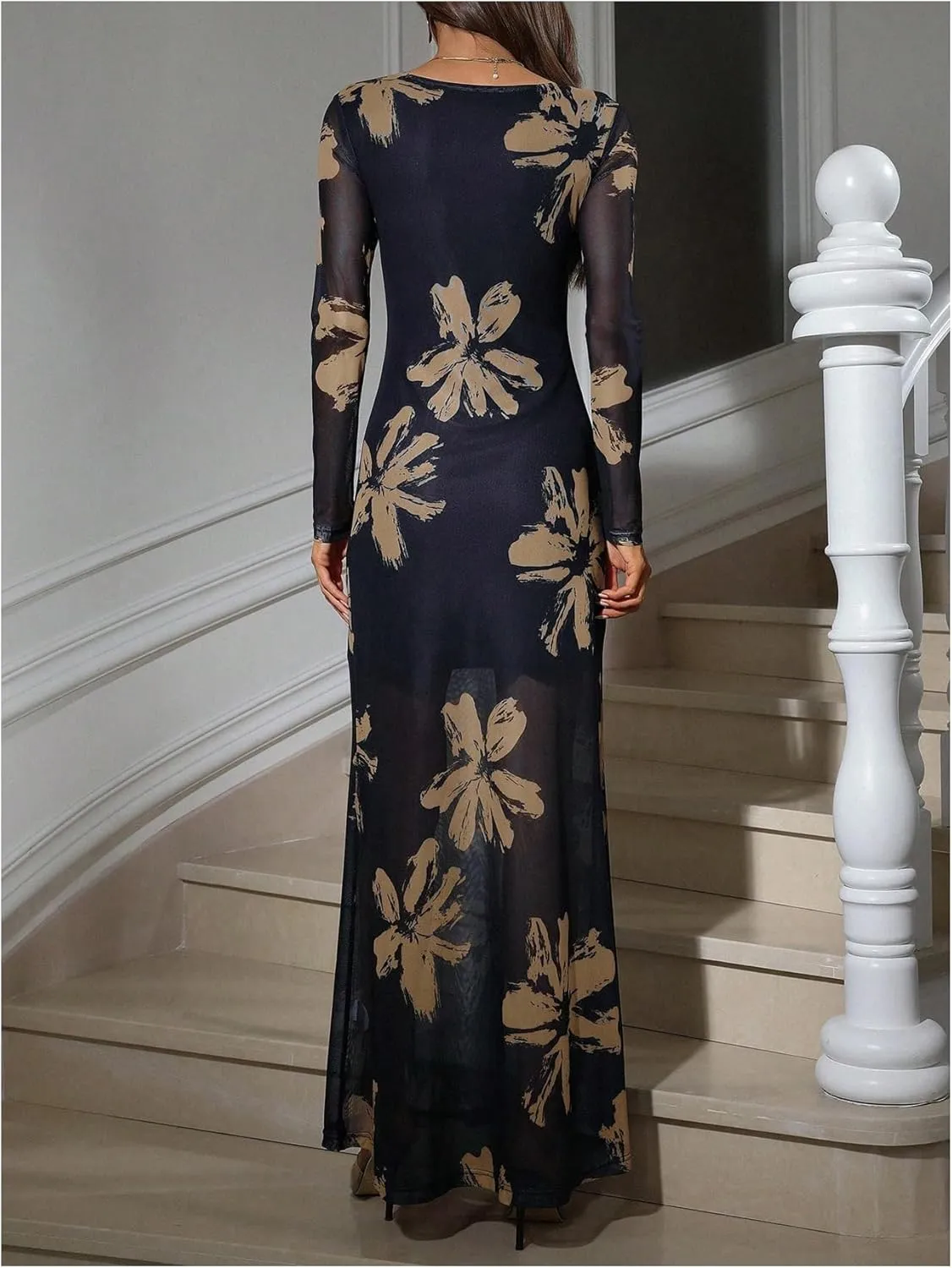 Women's Sexy Floral Dress Elegant Sheer Mesh Long Sleeve Crew Neck Maxi Bodycon Dresses