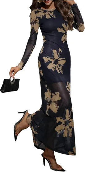 Women's Sexy Floral Dress Elegant Sheer Mesh Long Sleeve Crew Neck Maxi Bodycon Dresses