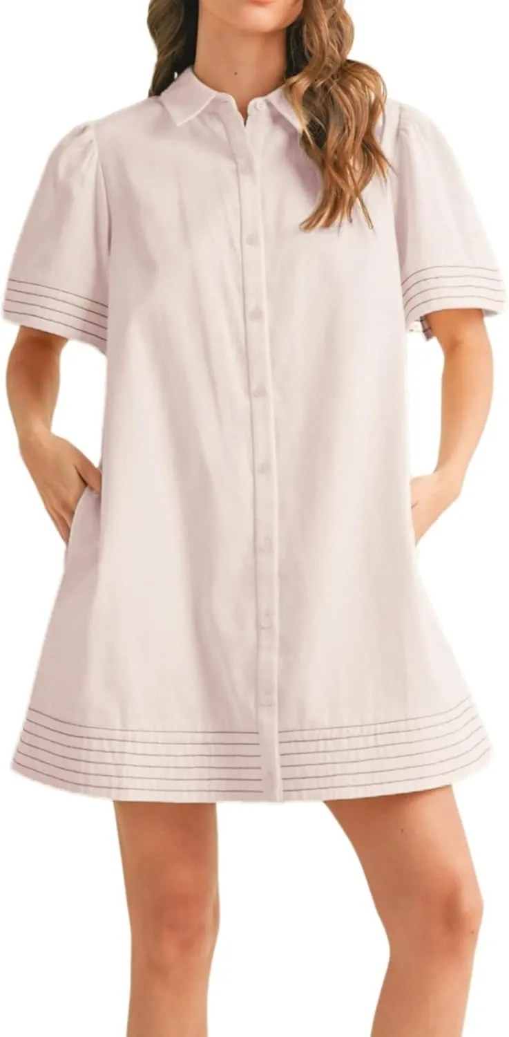 Womens Short Sleeve Button Down Mini Shirt Dress Lapel Collar Short Dresses with Pocket