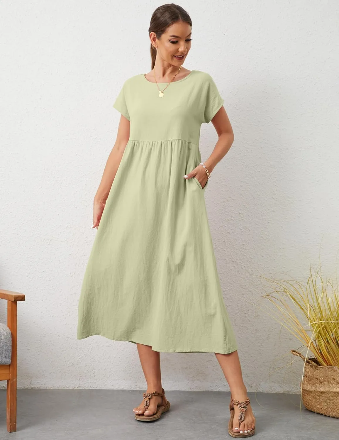 Women's Summer Dresses Maxi Casual Cap Sleeve Crewneck A Line Flowy Swing Beach Sundress with Pockets