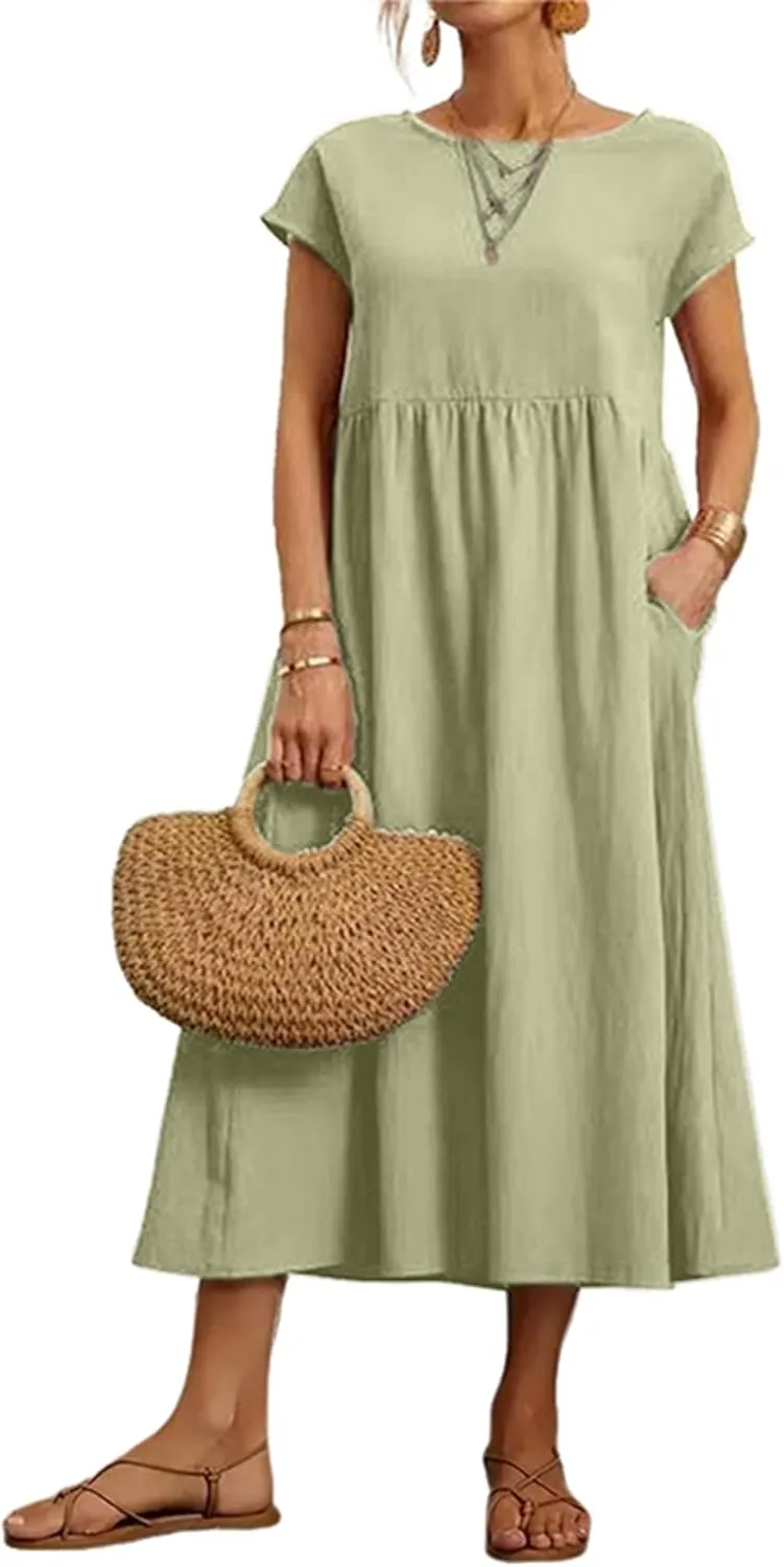 Women's Summer Dresses Maxi Casual Cap Sleeve Crewneck A Line Flowy Swing Beach Sundress with Pockets
