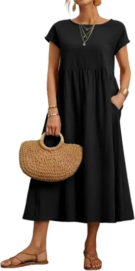 Women's Summer Dresses Maxi Casual Cap Sleeve Crewneck A Line Flowy Swing Beach Sundress with Pockets